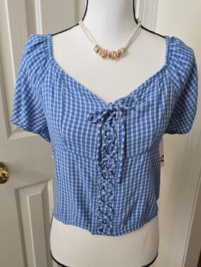 SO BRAND WOMEN'S JUNIORS BLUE AND WHITE GINGHAM SUMMER TOP SIZE XL